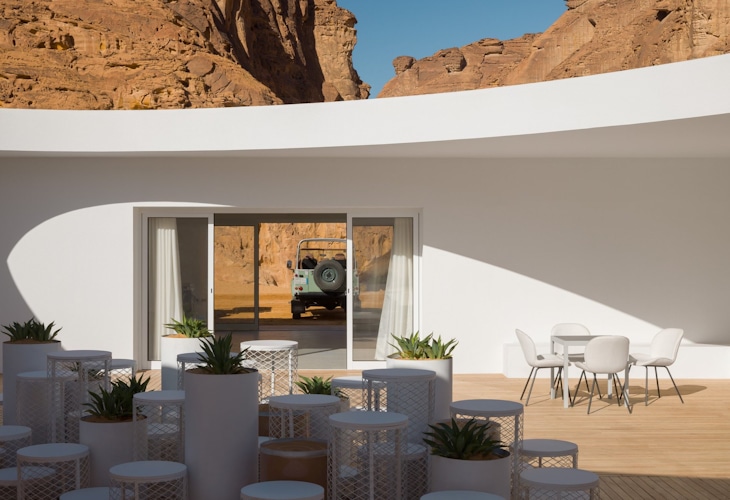 Desert X Visitor Centre pop-up design by Studio Königshausen. The Grind coffee bar emerges as an inviting centrepiece within the historic landscape, inviting visitors to immerse in the fusion of contemporary design and the timeless allure of AlUla.